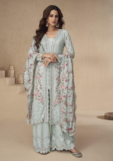 Sky Blue Embroidery Silk Palazzo Kurti Set