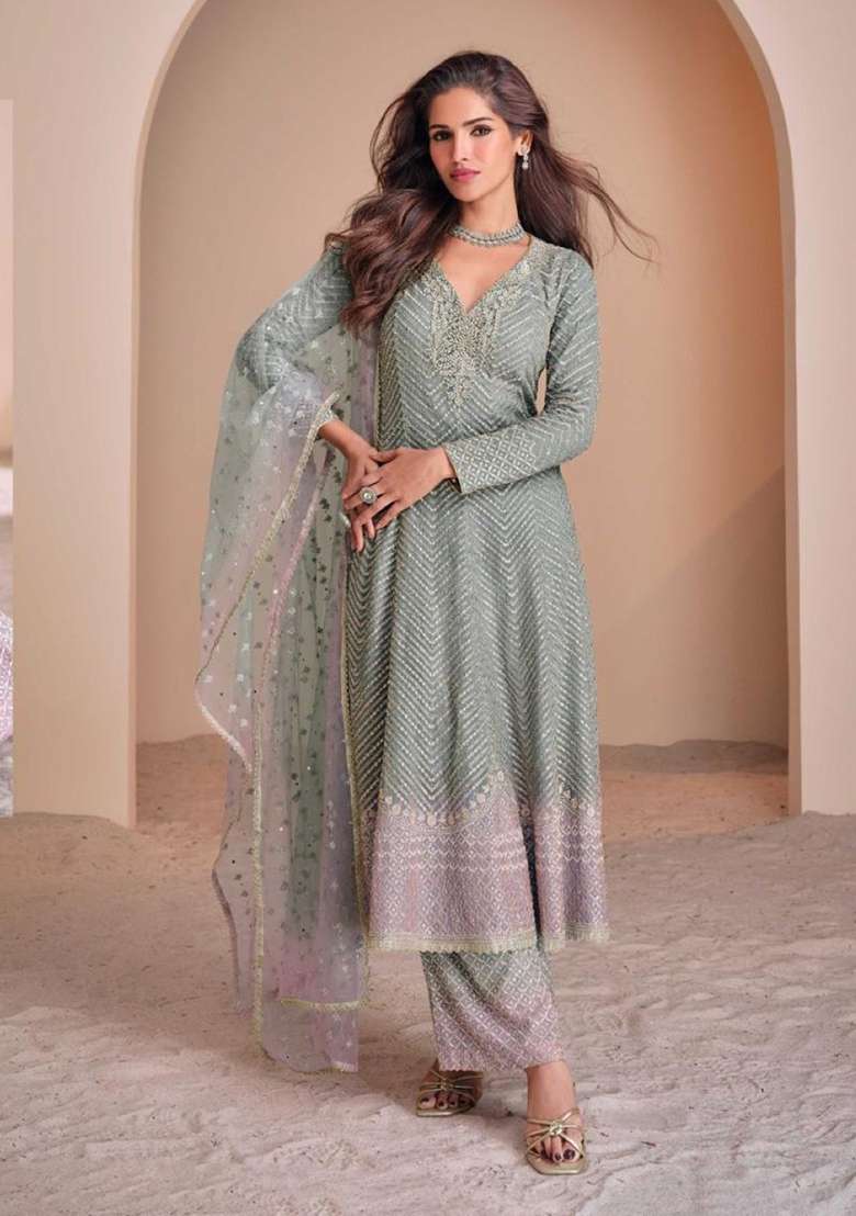Sky Blue Codding Dori Georgette Anarkali Set - Indya