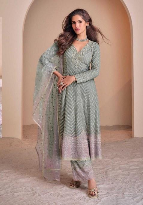 Sky Blue Codding Dori Georgette Anarkali Set