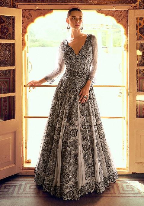 Grey Embroidery Shimmer Anarkali Suit