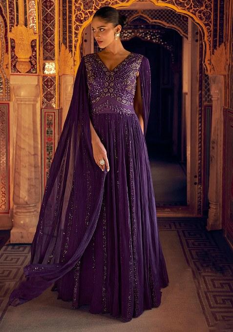 Purple Embroidery Shimmer Anarkali Suit