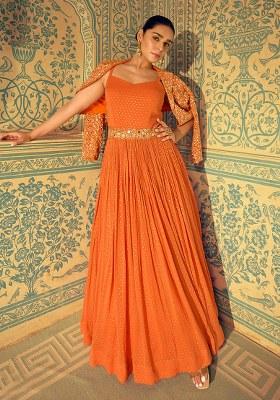 Orange Embroidery Shimmer Anarkali Set