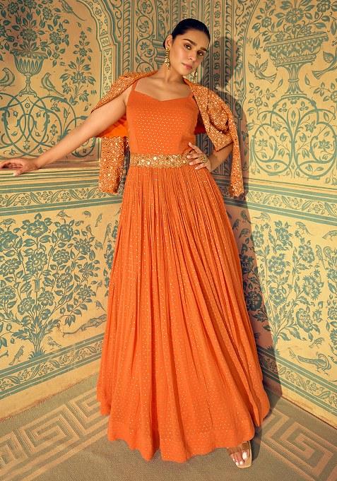 Orange Embroidery Shimmer Anarkali Set