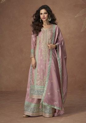 Pink Embroidery Silk Palazzo Kurti Set