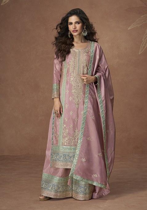 Pink Embroidery Silk Palazzo Kurti Set