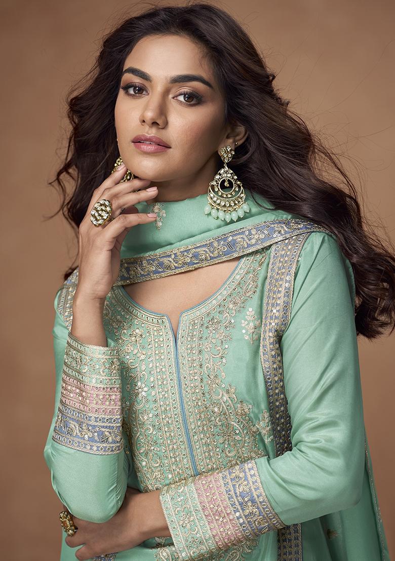 Sea Green Embroidery Silk Palazzo Kurti Set - Indya