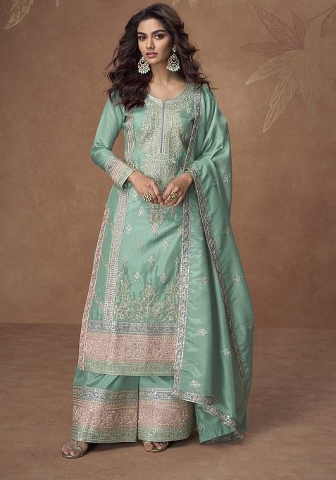 Sea Green Embroidery Silk Palazzo Kurti Set