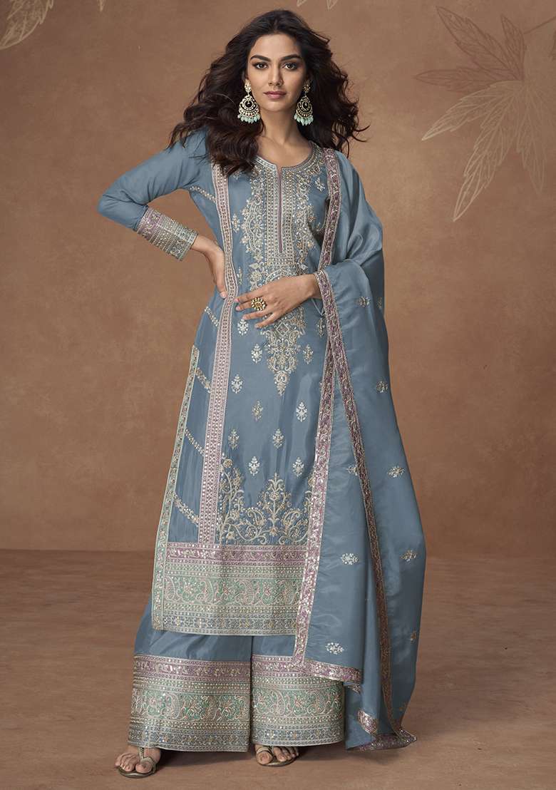 Sky Blue Embroidery Silk Palazzo Kurti Set - Indya