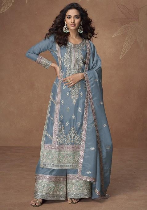 Sky Blue Embroidery Silk Palazzo Kurti Set
