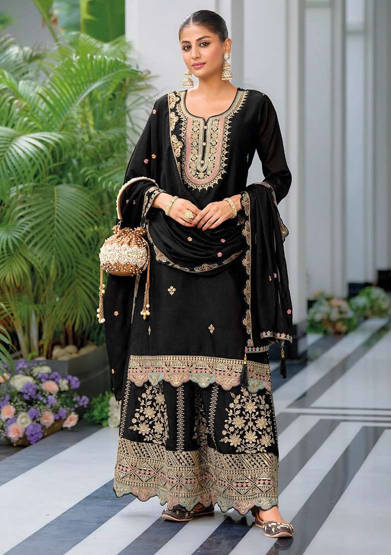 Black Embroidery Silk Palazzo Kurti Set - Indya