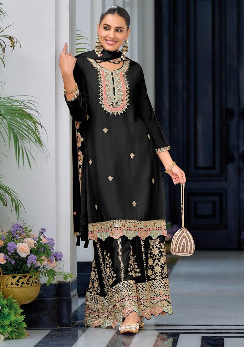 Black Embroidery Silk Palazzo Kurti Set - Indya