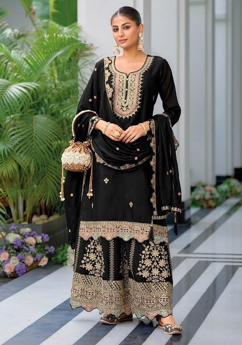 Black Embroidery Silk Palazzo Kurti Set