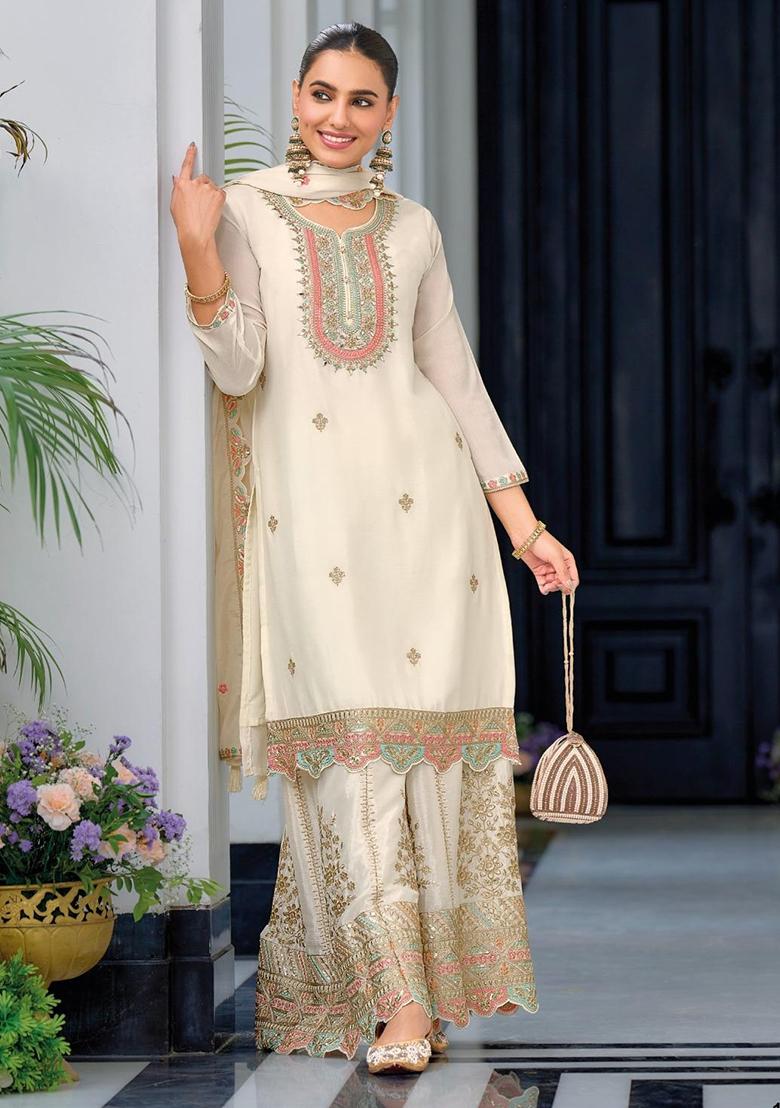 White Embroidery Silk Palazzo Kurti Set - Indya