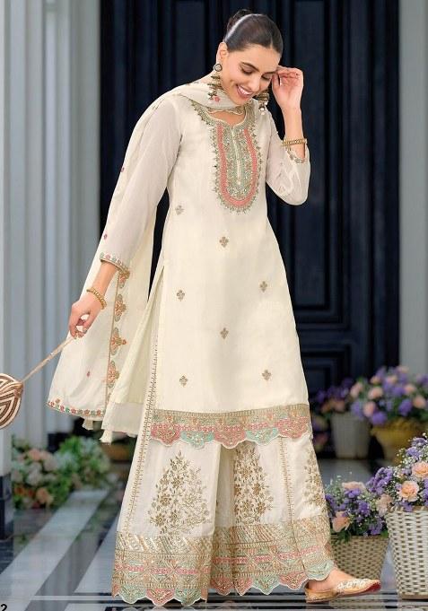 White Embroidery Silk Palazzo Kurti Set