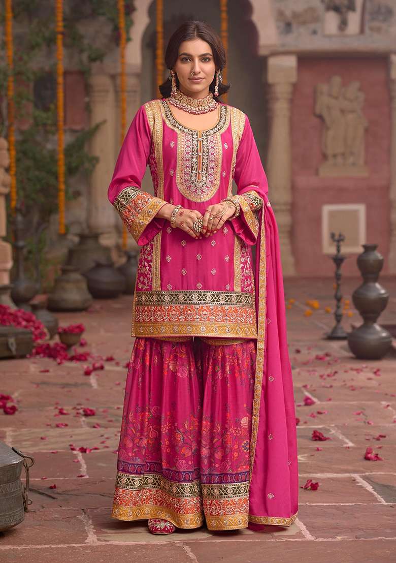 Rani Pink Codding Dori Silk Palazzo Kurti Set - Indya