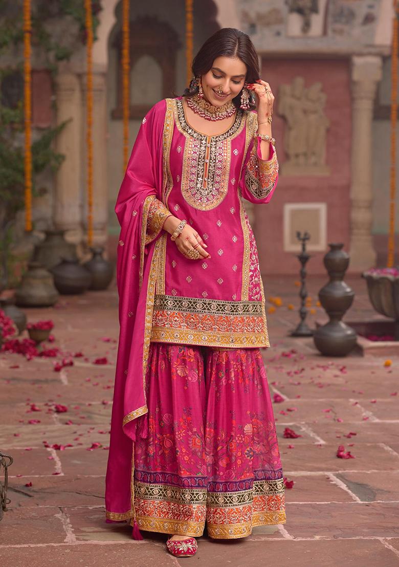 Rani Pink Codding Dori Silk Palazzo Kurti Set - Indya