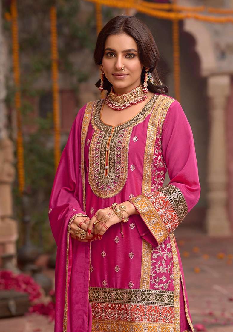 Rani Pink Codding Dori Silk Palazzo Kurti Set - Indya