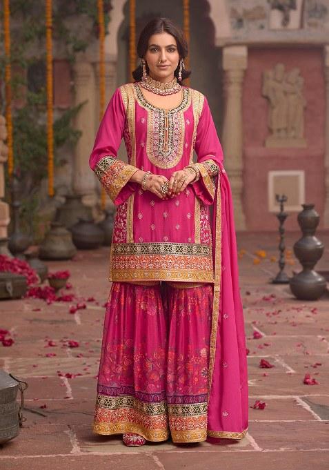 Rani Pink Codding Dori Silk Palazzo Kurti Set