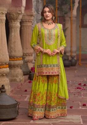 Parrot Green Codding Dori Silk Palazzo Kurti Set