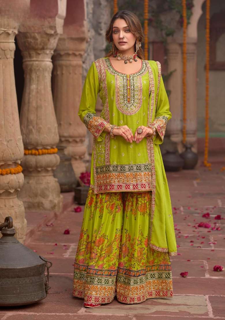 Parrot Green Codding Dori Silk Palazzo Kurti Set - Indya