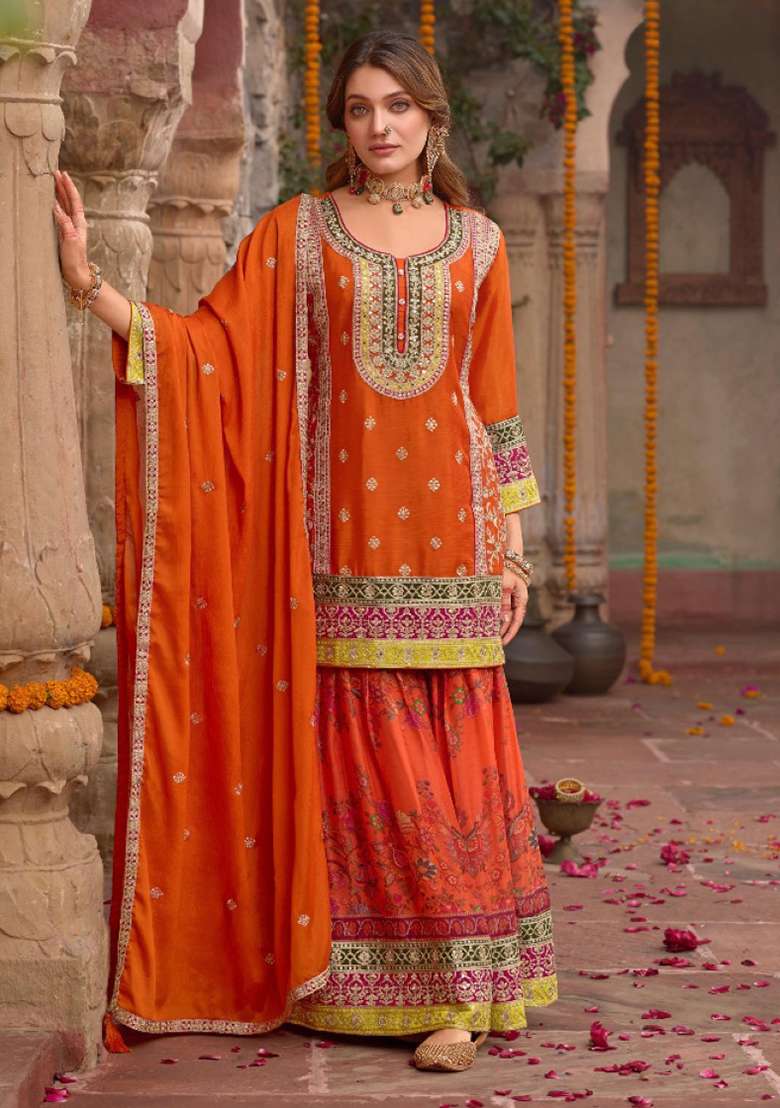 Orange Codding Dori Silk Palazzo Kurti Set - Indya