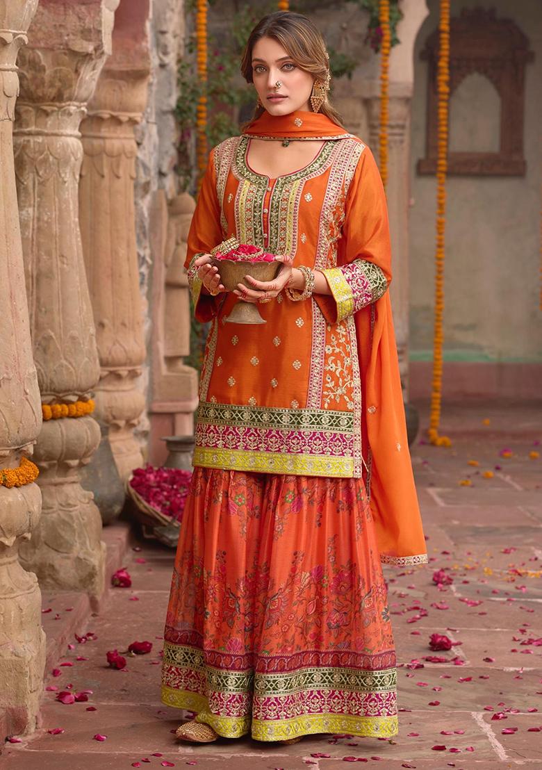 Orange Codding Dori Silk Palazzo Kurti Set - Indya