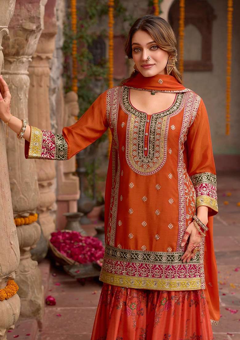 Orange Codding Dori Silk Palazzo Kurti Set - Indya