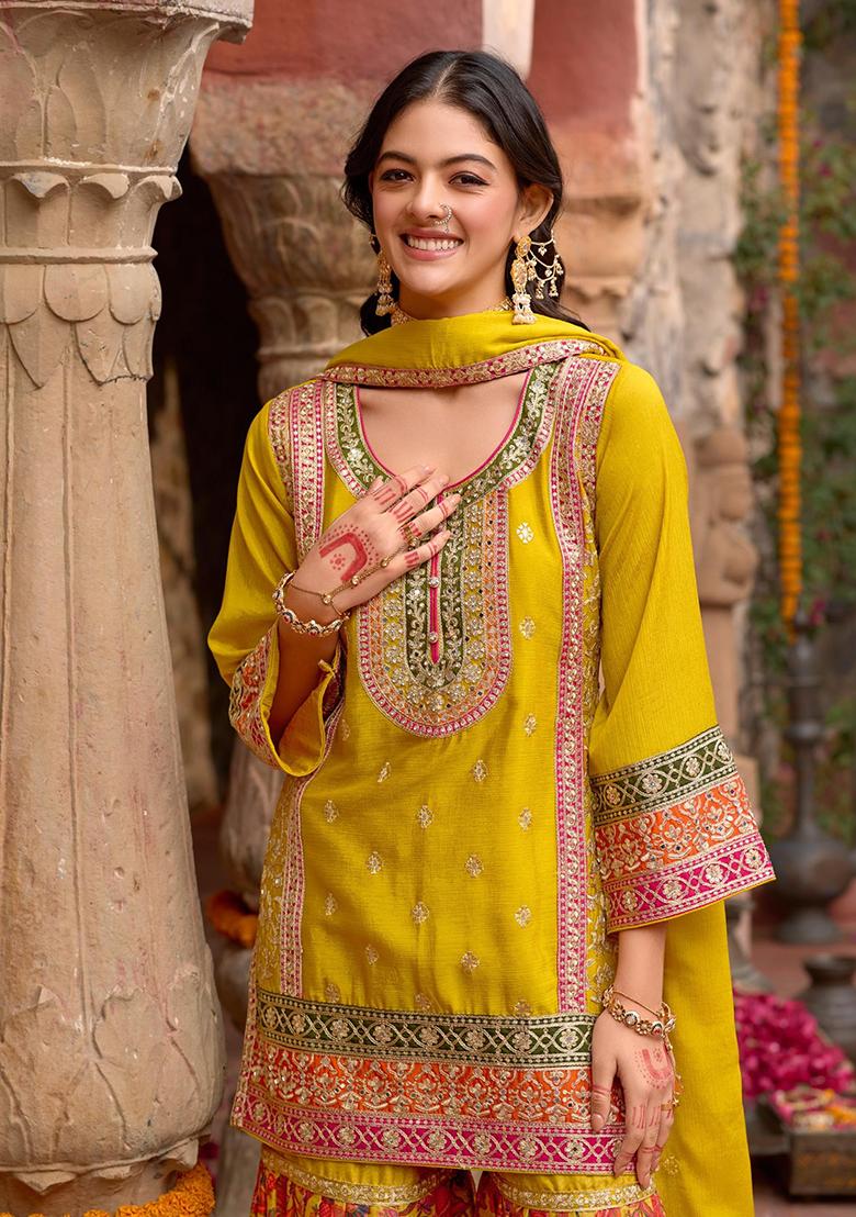 Yellow Codding Dori Silk Palazzo Kurti Set - Indya
