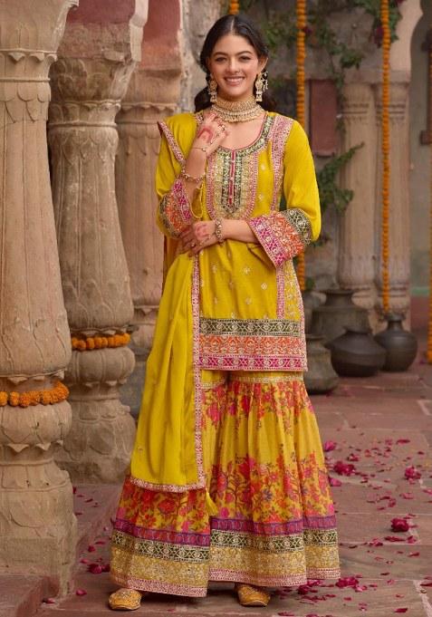 Yellow Codding Dori Silk Palazzo Kurti Set