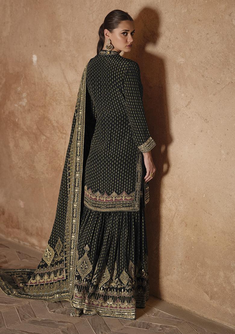 Black Swarovski Work Silk Palazzo Kurti Set - Indya