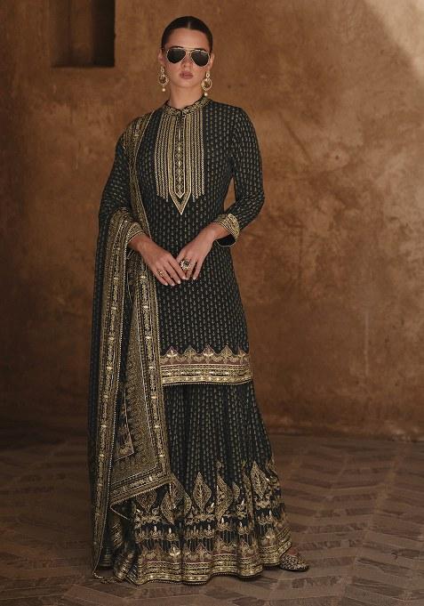 Black Swarovski Work Silk Palazzo Kurti Set