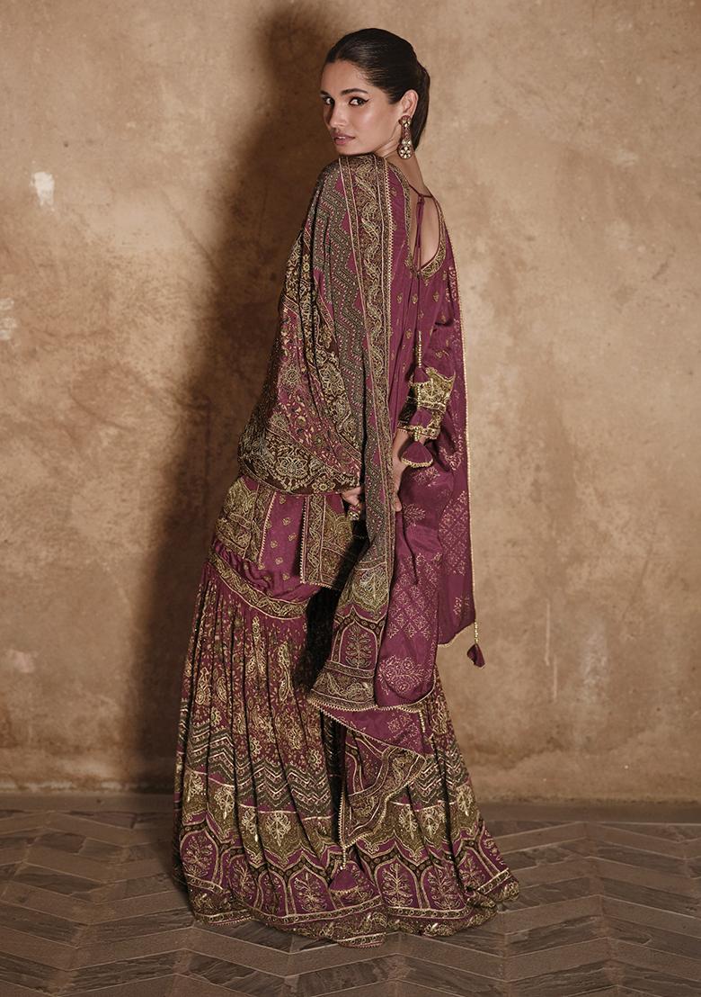 Maroon Swarovski Work Silk Palazzo Kurti Set - Indya