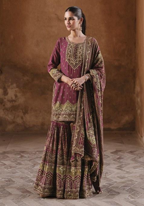 Maroon Swarovski Work Silk Palazzo Kurti Set