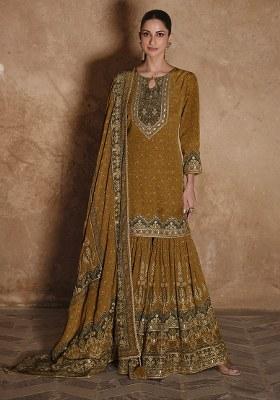 Mustard Swarovski Work Silk Palazzo Kurti Set