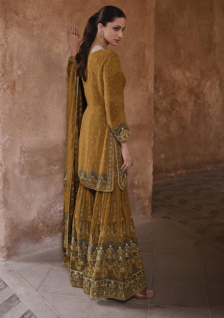 Mustard Swarovski Work Silk Palazzo Kurti Set - Indya