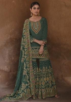 Dark Green Swarovski Work Silk Palazzo Kurti Set
