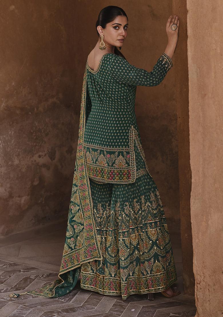 Dark Green Swarovski Work Silk Palazzo Kurti Set - Indya