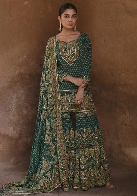 Dark Green Swarovski Work Silk Palazzo Kurti Set
