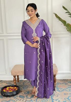 Purple Embroidery Viscose Kurti Set