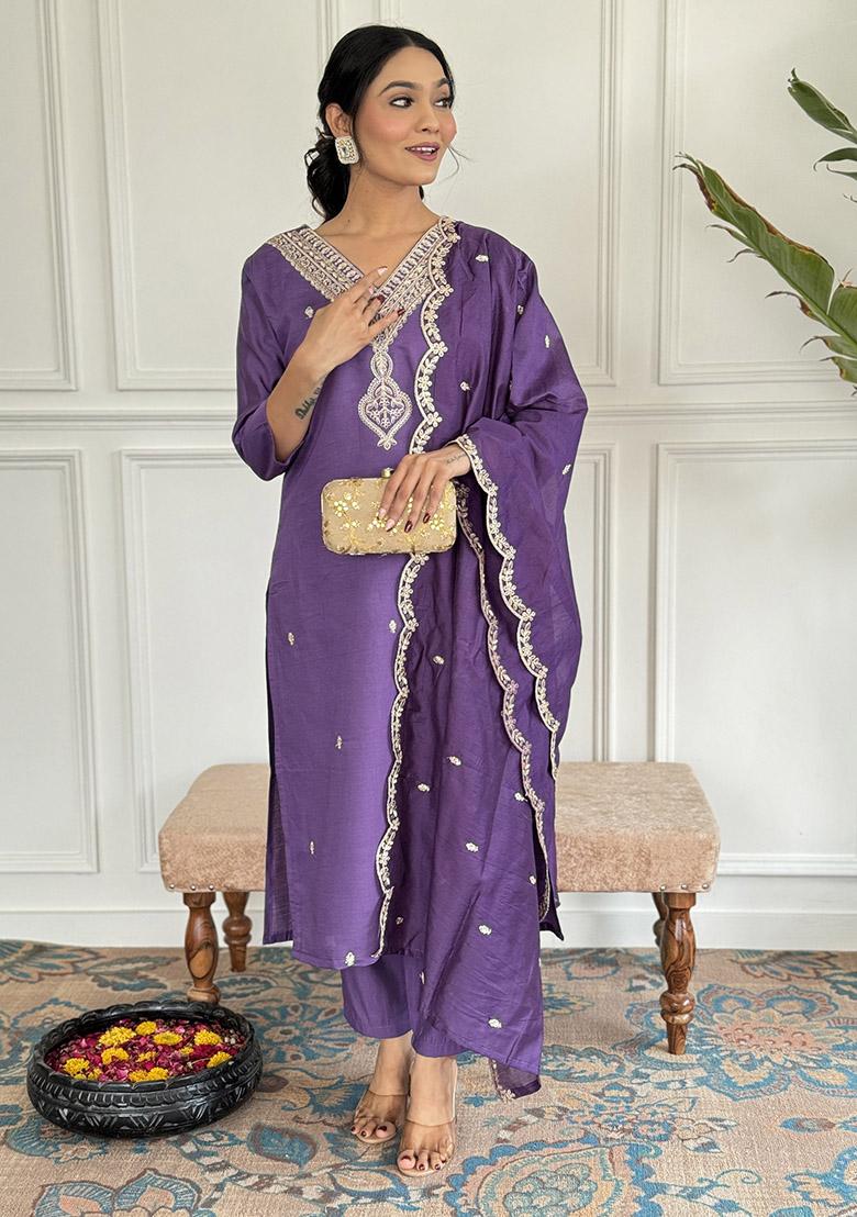 Purple Embroidery Viscose Kurti Set - Indya