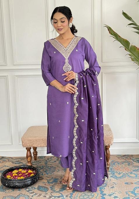 Purple Embroidery Viscose Kurti Set