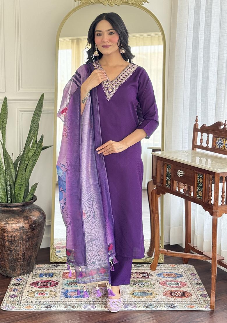 Wine Embroidery Viscose Kurti Set - Indya