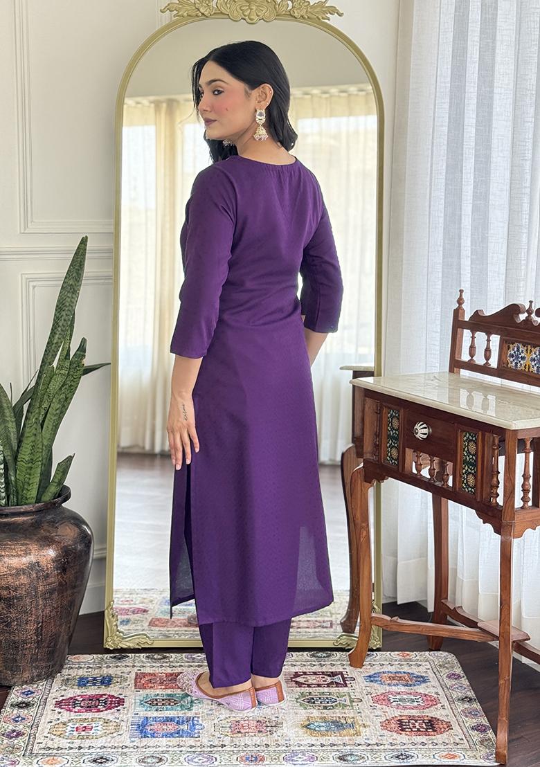 Wine Embroidery Viscose Kurti Set - Indya