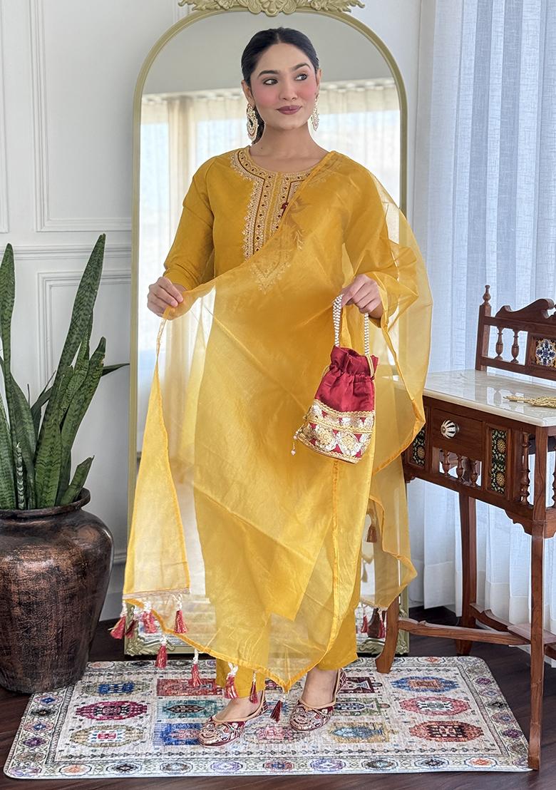 Yellow Embroidery Viscose Kurti Set - Indya