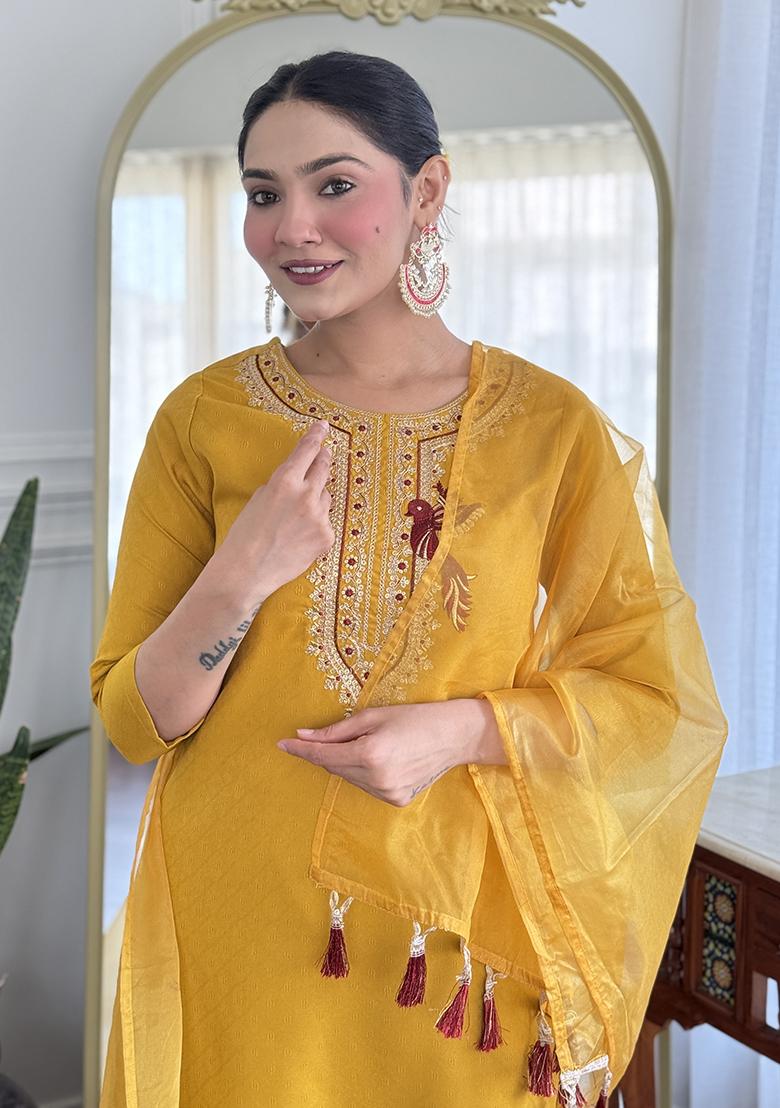 Yellow Embroidery Viscose Kurti Set - Indya