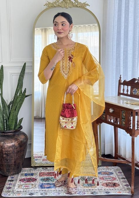 Yellow Embroidery Viscose Kurti Set