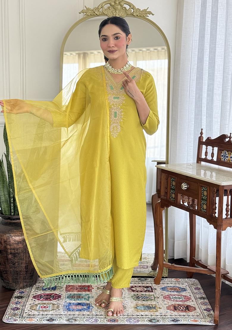 Lemon Embroidery Viscose Kurti Set - Indya