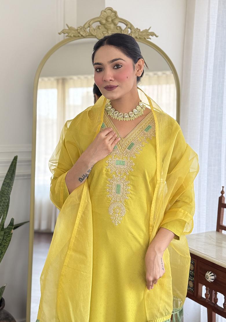 Lemon Embroidery Viscose Kurti Set - Indya