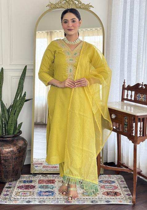 Lemon Embroidery Viscose Kurti Set