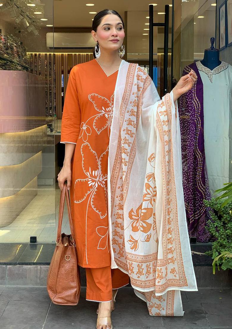 Orange Embroidery Viscose Kurti Set - Indya